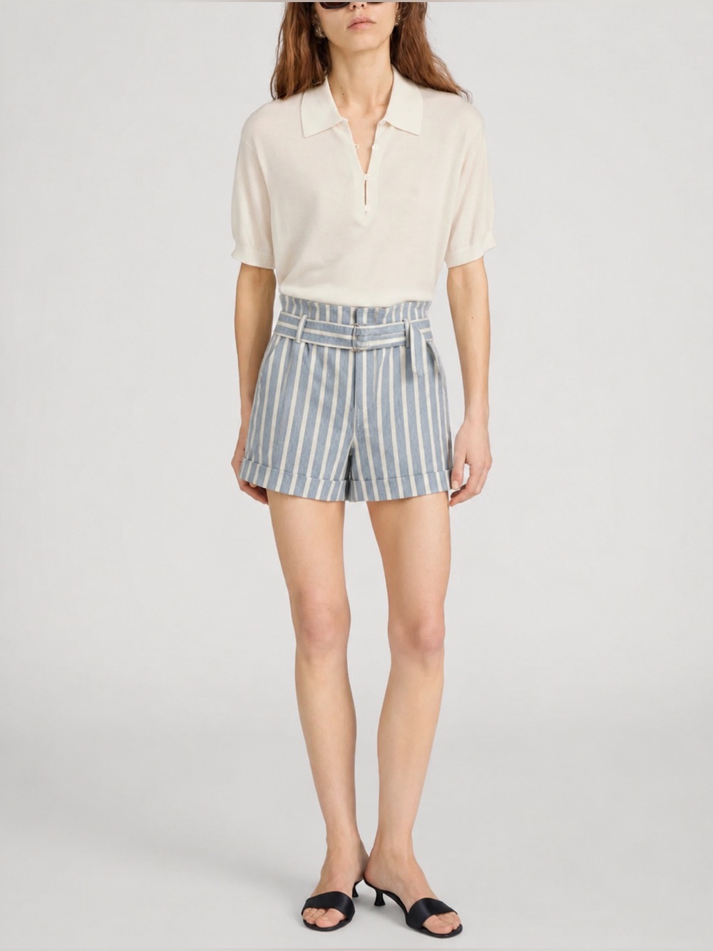 FRAME Denim blue striped Linen blend high waisted belted Shorts size 6
